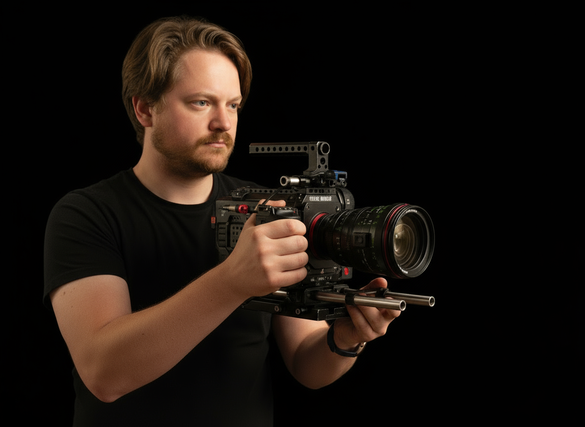 Professional videographer holding high-end cinema camera with professional equipment against black background